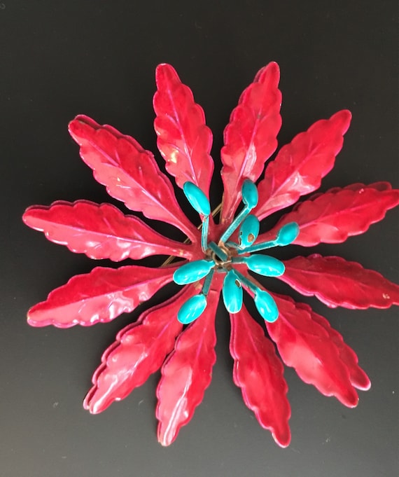 Vintage flower pin, metal, Deep red and teal