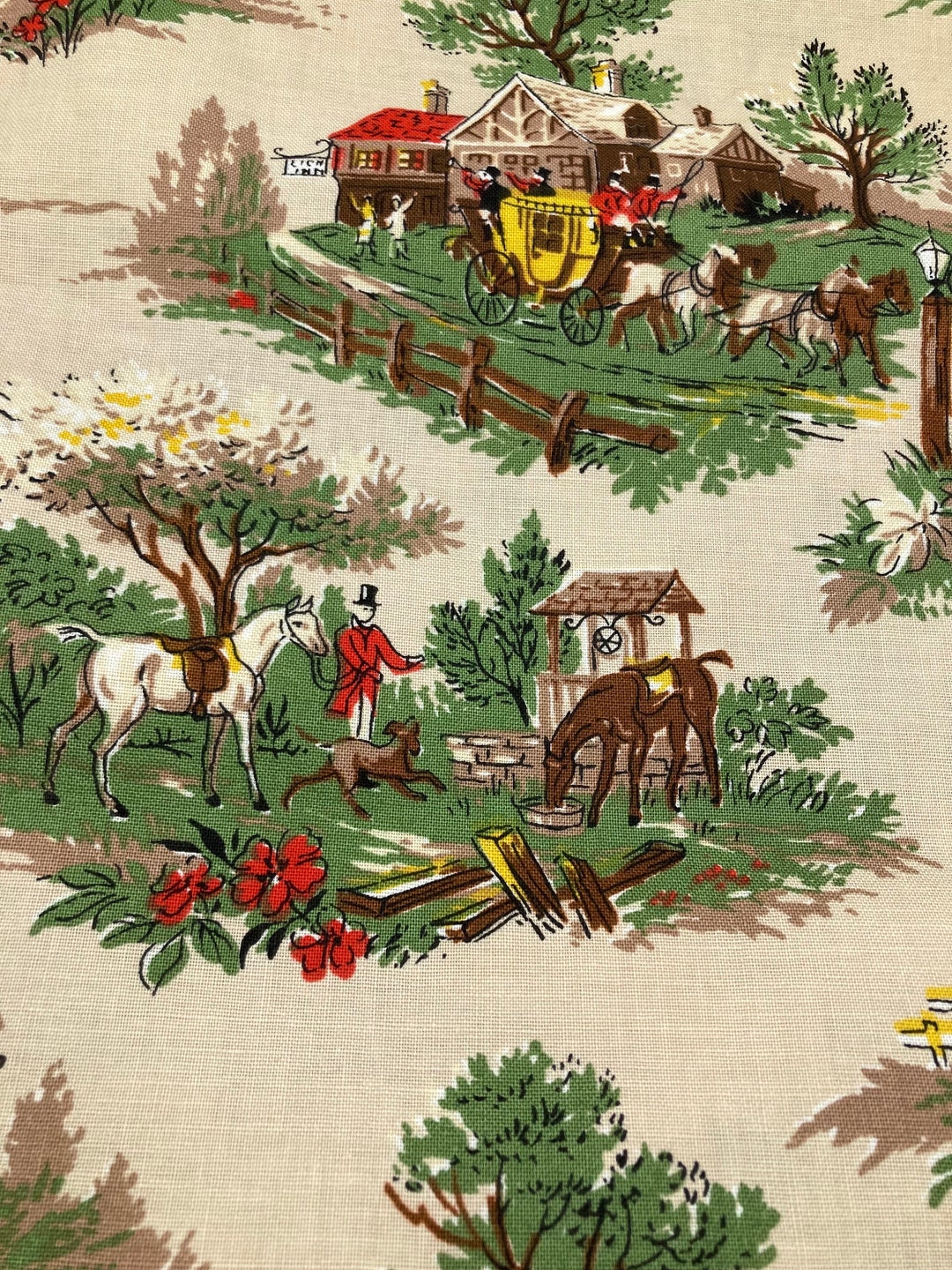 Vintage Screenprint Fabric, Hunt Scene, Vat Colored 5 Yards Plus - Etsy