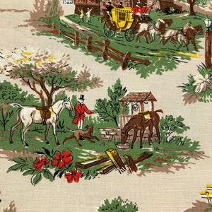 Vintage Screenprint Fabric, Hunt Scene, Vat Colored 5 Yards Plus