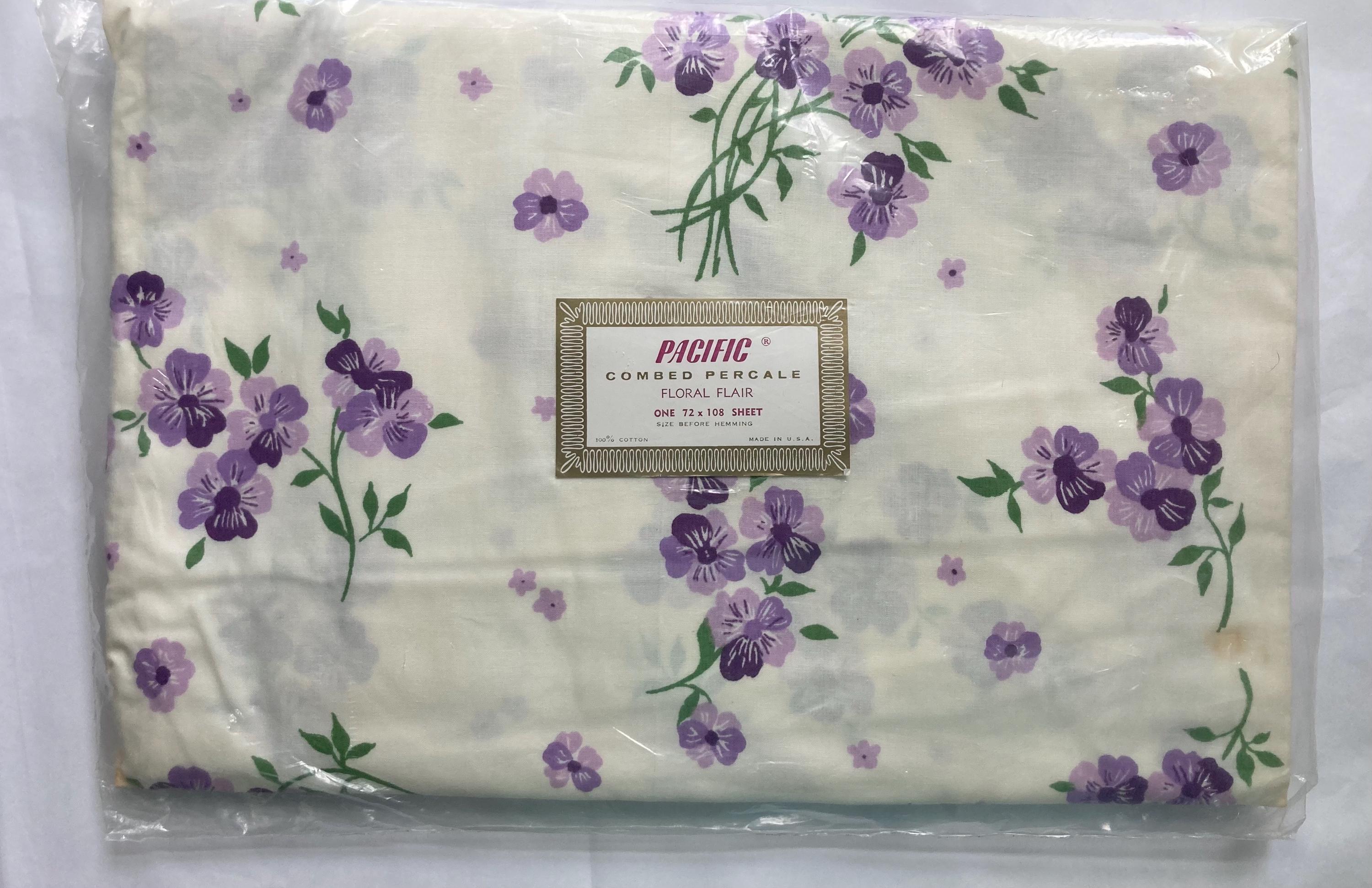 Vintage all cotton, Purple Floral, Flat sheet, Full size, New Old Stock, Pacific Combed Percale