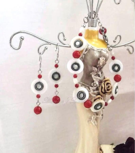 Coral, Shell, Hematite jewelry set, adjustable bracelet, long earrings, White, Red, and Metallic-grey mix.