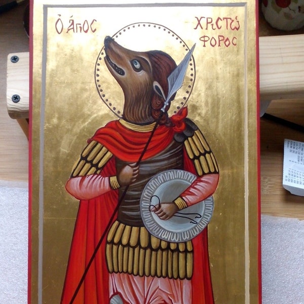 Heiliger Christophorus "Ein Hundekopf" - handgemalte orthodoxe Ikone, Ikonen der Heiligen, religiöses Geschenk, Ikonen zur Taufe, kunsthandwerklich, AUF BESTELLUNG