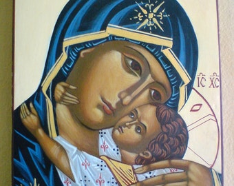 Virgin Mary and Jesus "Eleusa" - an orthodox artisanal religious handpainted icon, icons of the Virgin Mary, icons of saints, MADE TO ORDER