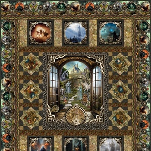May include: A colorful quilt with a medieval fantasy theme. The center panel features a large window with a view of a magical castle and a path leading to it. The surrounding panels depict various scenes from the fantasy world, including a dragon, a knight, and a unicorn.