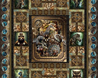 Steampunk Menagerie! Animals, Gears, Rust, Clocks! Queen Quilt Kit 90X108! In the Beginning Fabrics by Jason Yenter