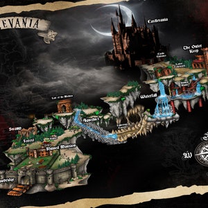 May include: A map of the video game Castlevania IV, showing the different areas of the castle, including the Drawbridge, Swamp, Forest, Haunted Mansion, Aqueduct, Waterfall, and the Outer Keep. The map is drawn in a vintage style, with a compass in the lower right corner.
