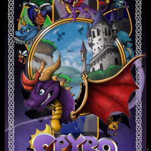 May include: Purple dragon character named Spyro, with large red wings, against a purple background with a castle in the background. The text "Spyro The Dragon" is at the bottom of the image.