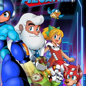 May include: A retro-style illustration of the video game character Mega Man, along with other characters from the franchise, including Dr. Light, Roll, and Rush. The image is set against a blue and purple background with a cityscape in the distance. The text "MEGAMAN" is displayed in large, bold letters at the top of the image.