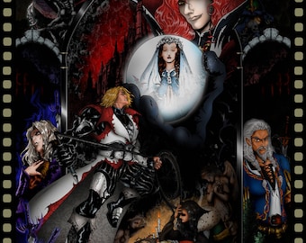 May include: A video game cover art for Castlevania: Lament of Innocence. The cover features a dark, gothic castle with a red-haired vampire lord, a blonde knight, and a woman in a white dress. The text "Castlevania: Lament of Innocence" is written in gold letters at the bottom of the image.