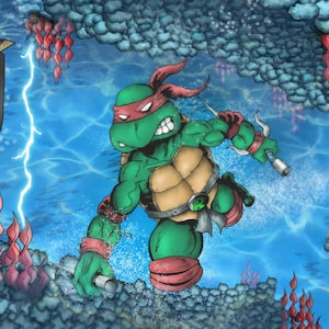 May include: A green and red Teenage Mutant Ninja Turtle character with a red bandana and a sai weapon, swimming underwater in a blue and green water scene. The character is surrounded by coral and seaweed.
