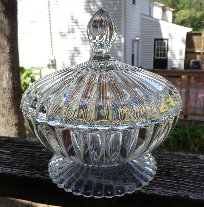 Covered Candy Dish Footed Bowl Ribbed Designs On Top And Etsy