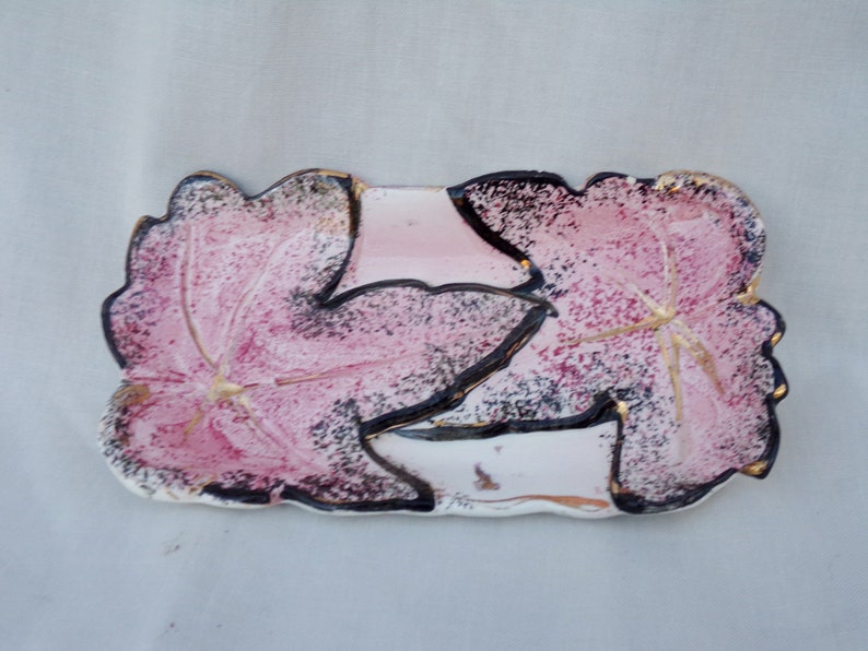 Mid Century Ceramics, Pink And Black Leaf Dish Small Ceramic tray Trinket Dish 6 by 3 14 Inches Wreath Makers Mark