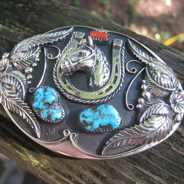 Silvertone Oval Belt Buckle With Horseshoe and Horse Head, Detailed Flower And Leaves, Turquoise Stones, Heavy Solid Buckle, Western