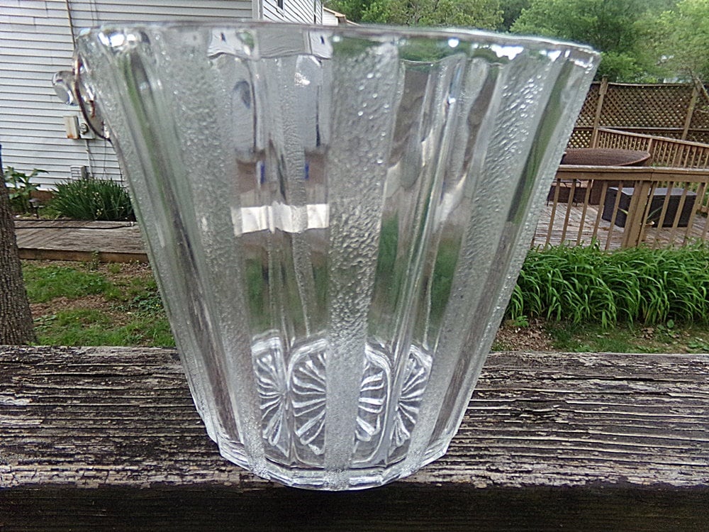 Vintage Glass Ice Bucket With Handle And Ice Tongs Ribbed Etsy