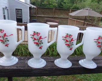 Vintage Christmas Irish Coffee Mugs, Milk Glass, Set Of Four, 8 Ounce Mugs, Footed Mugs, Bells And Holly Design, Holiday Coffee Accessory