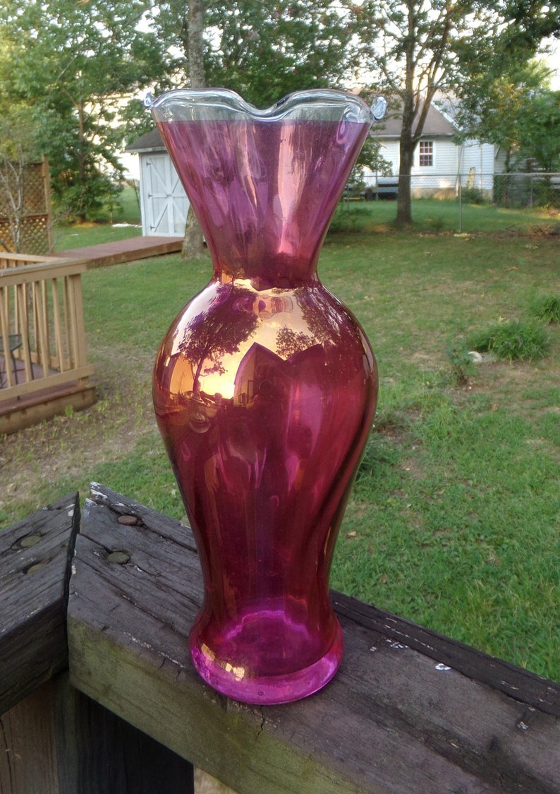 Raspberry Glass Vase Fluted Rim Hour Glass Shape Gold Sheen Etsy