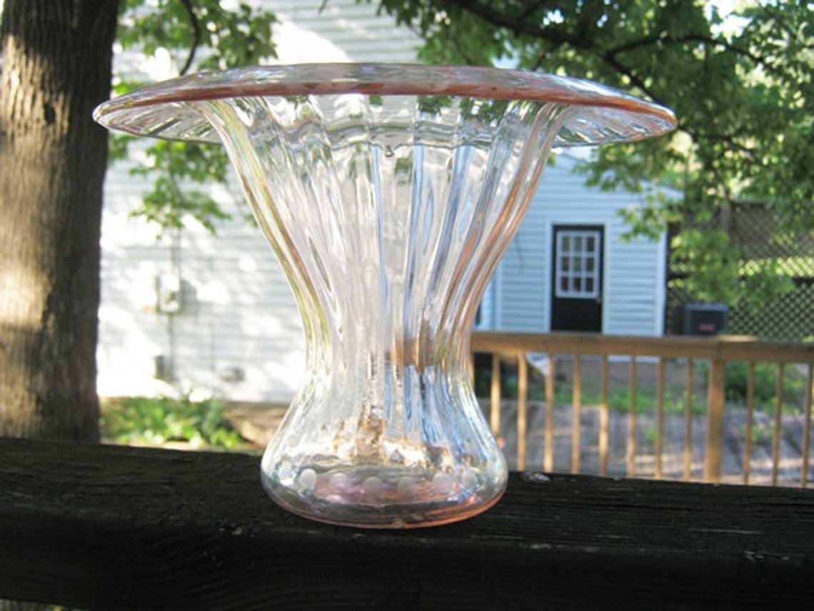 Unusual Pink Etched Glass Vase Flared Top Wide Brim Floral Etsy