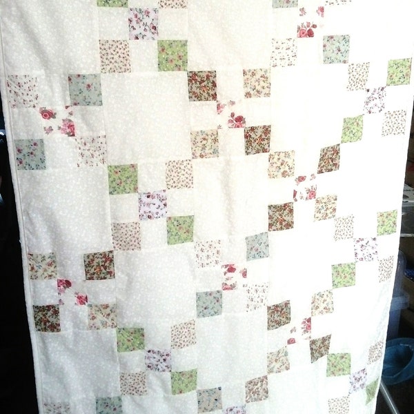 Unique handmade Baby cot Irish chain summer quilt backed ivory fleece size approx 70 x 120cms