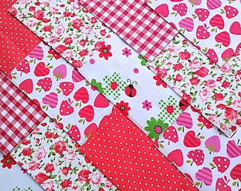 30 x Ladybug Red 5" Fabric Patchwork Squares Pieces Charm Pack