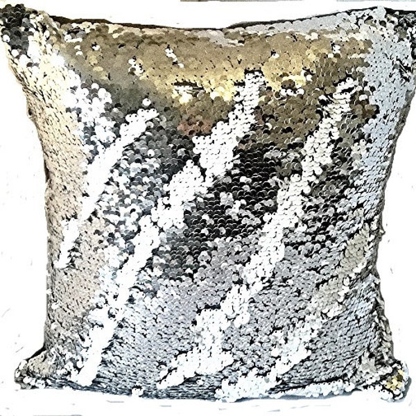 New handmade cushion cover Mermaid Reversible Sequin Fishscale Shiny SILVER WHITE Cushion 16 x 16 inch