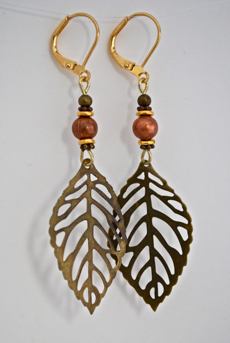 Bronze, Leaf, Filigree Earrings, Silver, Copper, and Assorted Bead