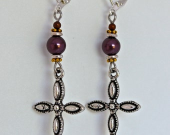 Delicate, silver cross earrings, natural, silver, copper, gold, and beaded accents. Great gift for any religious, or special occasion