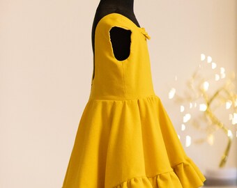 Vestido de lino mostaza para niña, vestido de niña de flores, vestido de lino, vestido de verano para niñas, vestido de lino amarillo, vestido de niño mostaza, traje de lino