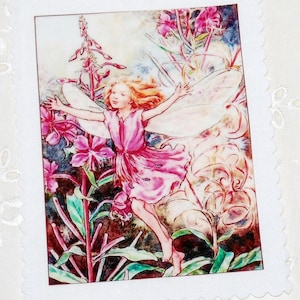 Zauberhafte Blumenfee Stoffbild Aufnäher Applikation Rosenlorbeer Weidenröschen Fee The Rose-Bay Willow-Herb Fairy