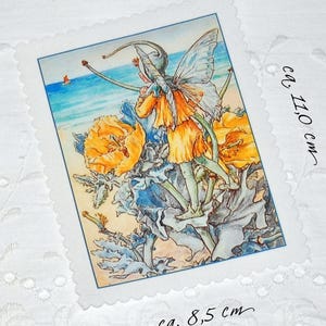 Könnte beinhalten: Ein Vintage-Druck mit einer Fee in einem orangefarbenen Kleid und Flügeln, umgeben von gelben Blumen und blauem Laub, vor einer Küstenkulisse. Der Druck misst ca. 11,0 cm x 8,5 cm.