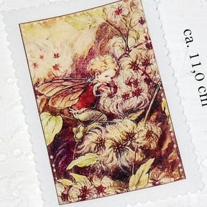 May include: A rectangular card with a scalloped edge, featuring a fairy illustration. The fairy is depicted with wings and a red outfit, surrounded by flowers. The card measures approximately 4.3 inches by 2.9 inches.