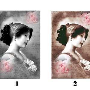 Könnte beinhalten: Zwei Vintage-Bilder einer Frau mit dunklen Haaren, die ein Kopftuch und ein Kleid trägt. Die Bilder sind in Sepiatönen gehalten und zeigen eine rosa Rose im Hintergrund.