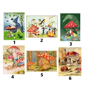 Nostalgic appliqué patch, fly agaric mushrooms, gnomes, dwarves, enchanted forest, dwarf land