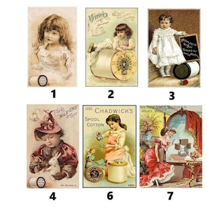 May include: A collage of vintage advertisements for thread and spool cotton. The ads feature children and women using the products. The text on the ads includes the brand names "Clarke's Mile-End", "Merrick's Best Six Cord", "Chadwick's Spool Cotton", and "New Home Sewing Machine Co."