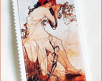 Nostalgisk lapp/applikation, tygbild, Mucha Art Nouveau, 1898, årstider, vår