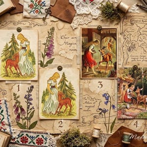 Op de afbeelding: Een collage van vintage illustraties en knutselbenodigdheden. De illustraties tonen een vrouw met een hert in een bos. Andere elementen zijn borduurwerk, kant en een kaart met de woorden "Magical Realm."