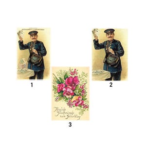 Puede incluir: Postales vintage que muestran un cartero uniformado sosteniendo cartas y una tarjeta floral de cumpleaños. El cartero está representado con un uniforme azul, sombrero y bolso. La tarjeta floral tiene flores rosas y amarillas.