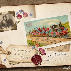 May include: Vintage scrapbook page with a sepia-toned photo, a Valentine's Day postcard featuring a train adorned with flowers, and a tag reading "A Journey of Love - Feb 14th." The postcard measures approximately 11.0 cm.