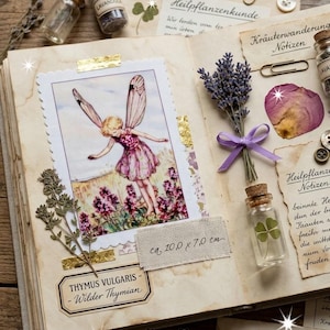 Könnte beinhalten: Eine offene Scrapbook-Seite mit einer Vintage-Illustration einer Fee im rosa Kleid, getrocknetem Lavendel, einem kleinen Glasfläschchen mit einem vierblättrigen Kleeblatt sowie Papieretiketten mit dem Text Thymus Vulgaris und 10,0 x 7,0 cm.
