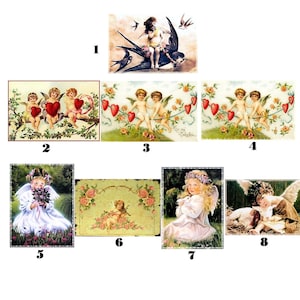 Könnte beinhalten: Eine Sammlung von Illustrationen im Vintage-Stil mit Cherubinen und Engeln. Die Bilder zeigen Cherubinen mit Herzen, Blumen und Vögeln. Die Farbpalette umfasst sanfte Pastelltöne und warme Farbtöne, die ein romantisches Gefühl erzeugen.