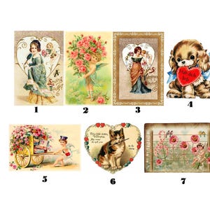 Könnte beinhalten: Eine Sammlung von Vintage-Bildern zum Valentinstag. Die Bilder zeigen Engel, Blumen und Tiere. Ein Bild zeigt einen Welpen, der ein herzförmiges Schild hält. Weitere Bilder zeigen eine Frau, eine Katze und einen Blumenwagen.