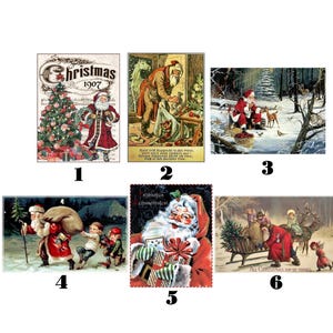 Könnte beinhalten: Eine Sammlung von sechs Vintage-Weihnachtsillustrationen mit dem Weihnachtsmann. Die Bilder zeigen den Weihnachtsmann mit einem Weihnachtsbaum, beim Verschenken von Geschenken und im Umgang mit Kindern und Tieren. Die Farbpalette umfasst Rot, Grün und Weiß.