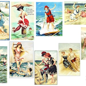 Patches appliqué fabric picture swimming bathing fun Victorian around 1900 various motifs
