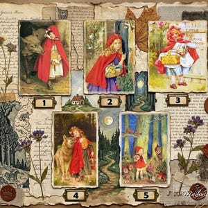 Könnte beinhalten: Eine Mixed-Media-Collage mit fünf verschiedenen Illustrationen von Rotkäppchen, die jeweils nummeriert sind. Das Kunstwerk enthält Vintage-Papier, getrocknete Blätter, gepresste Blumen und kleine quadratische, geprägte Fliesen.