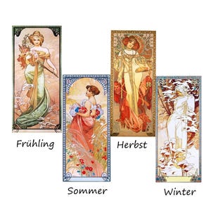 May include: Four vintage art nouveau style illustrations depicting the four seasons. Each illustration features a woman in a flowing gown, surrounded by flowers and foliage. The illustrations are labelled "Spring", "Summer", "Autumn", and "Winter".