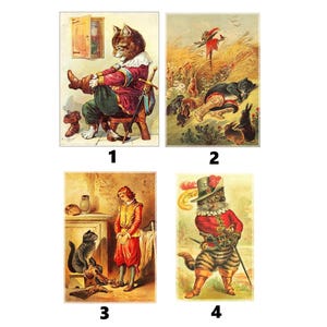 Könnte beinhalten: Vier Vintage-Illustrationen mit anthropomorphen Katzen in verschiedenen Umgebungen. Das erste Bild zeigt eine Katze in einem rot-goldenen Outfit, die einen Stiefel anzieht. Das zweite Bild zeigt eine Katze in einem rot-goldenen Outfit, die mit einem Schwert liegt. Das dritte Bild zeigt eine Katze in einem rot-goldenen Outfit, die neben einem Kind steht. Das vierte Bild zeigt eine Katze in einem rot-goldenen Outfit, die mit einem Schwert steht.