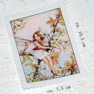 Parche nostálgico con apliques de flores de cerezo, cerezas silvestres, elfo, hada, hada de las flores