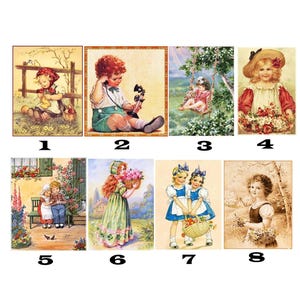 Könnte beinhalten: Eine Sammlung von acht Illustrationen im Vintage-Stil mit Kindern in verschiedenen Szenen. Die Bilder zeigen Kinder in ländlichen Umgebungen, darunter ein Kind auf einer Schaukel und Kinder, die Blumen halten. Die Farbpalette ist weich, mit warmen Tönen und detaillierten Kunstwerken.