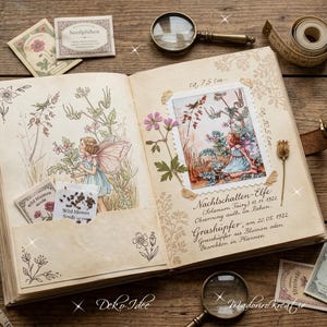 May include: An open vintage-style book featuring botanical illustrations of a fairy, pressed flowers, and handwritten German text. The pages include small seed packets, a magnifying glass, and a measuring tape, with visible text labels like Nachtschatten-Elfe.