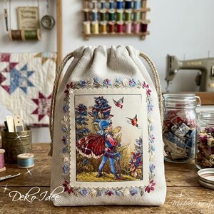 May include: A beige drawstring bag made of textured fabric featuring a central rectangular print of a fairy with red wings and a blue hat standing among flowers and butterflies. The print is framed by delicate floral embroidery in blue and pink.