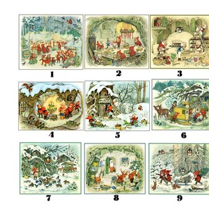 Könnte beinhalten: Eine Sammlung von neun Vintage-Illustrationen, die Szenen von Zwergen in einer Winterlandschaft zeigen. Jedes quadratische Bild zeigt Zwerge, die verschiedenen Aktivitäten nachgehen, wie z. B. Dekorieren, Kochen und Reisen durch verschneite Landschaften. Die Illustrationen sind detailreich und farbenfroh.